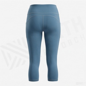 Hochgeschnittene Capri-Leggings Einfarbig Blau Nahtlos Dehnbar Atmungsaktiv Gestrickt Sportliche Damen-Yogahose Für Alle Jahreszeiten - Product Image 2