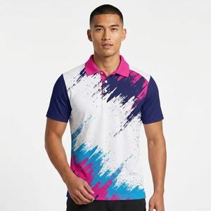 Polo à manches courtes pour homme avec imprimé abstrait, couleurs rose, bleu et blanc, coupe décontractée, en polyester tricoté à séchage rapide - Product Image 3