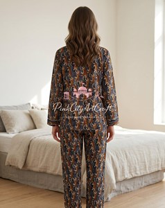 Conjunto de Pijama de 2 Piezas para Mujer, Hecho a Mano, de Algodón Puro, con Estampado de Leopardo Azul, Transpirable, Ecológico, de Manga Larga y Cuello Camisero - Product Image 4