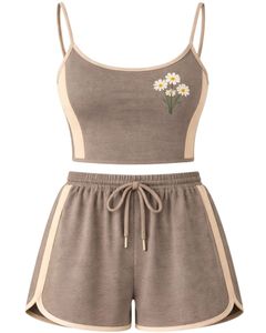Taupe Beige Women Camisole And Shorts <b>Set</b> Summer Two Piece Outfit Cotton Blend Crop Top Embroidered Daisy Drawstring Shorts - Product Image 1