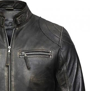 Veste moto en cuir véritable pour homme, col montant, fermeture éclair, coupe ajustée, style motard noir, pour l'automne - Product Image 2