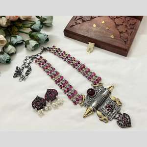 Two Tone Pota Stone Long <b>Necklace</b> <b>Set</b> for Women Traditional Indian Ethnic Jewelry Wedding and Festive Wear - Product Image 1