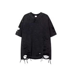 Camiseta de algodón gris oversize para hombre, manga corta, cuello redondo, estilo urbano desgastado, jersey sólido de punto, largo extendido - Product Image 2