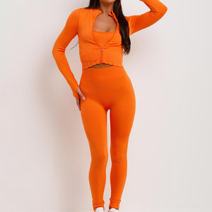 Ensemble de sport 3 pièces pour femme, couleur orange, pour yoga, course à pied, entraînement, gym, fitness, shorts et soutien-gorge sans couture, ensembles d'entraînement pour femme - Product Image 1