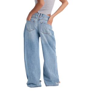 <b>Women's</b> <b>Light</b> <b>Blue</b> Solid Mid Waist Wide Leg Regular Fit Full Length <b>Jeans</b> Enzyme Wash <b>Ripped</b> Vintage Casual 100% Cotton Quick - Product Image 2