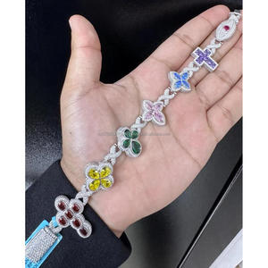 Luxury Iced Out Moissanite Multicolor Flower and Cross Link <b>Bracelet</b> Hip Hop Bling Jewelry with and Pink Stones - Product Image 1