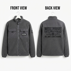 Veste en sherpa premium 450 GSM 100% laine respirante, col rabattable, fermeture éclair, gris foncé, patch logo en silicone 3D - Product Image 1