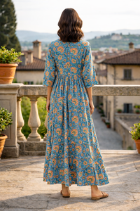 Vestido Largo con Estampado Floral Bohemio, Cuello Redondo, Manga Larga, Fruncido, Algodón Sostenible de Alta Calidad, Ropa Casual para Mujer - Product Image 3