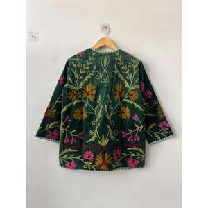 Manteau court kimono vert en coton brodé floral avec ceinture, style bohème Suzani, réversible, éco-responsable, vêtement d'extérieur tendance, cadeau pour - Product Image 5