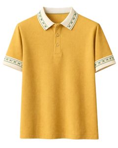เสื้อโปโลผู้ชายสีเหลืองมัสตาร์ดแบบสั่งทำพิเศษ ผ้าคอตตอนผสม สวมใส่สบาย แขนสั้น เหมาะสำหรับฤดูร้อน ดีไซน์ปกและปลายแขนเสื้อพิมพ์ลายตัดกัน - Product Image 1