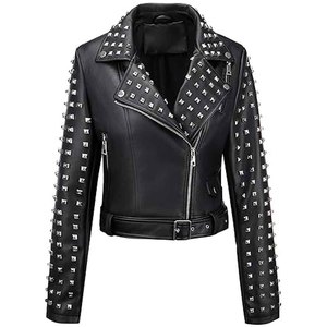 Womens Studded Leather <b>Jacket</b> Black Biker <b>Punk</b> Style Motorcycle <b>Jacket</b> Genuine PU Leather OEM Custom Wholesale Factory - Product Image 4