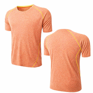 Camisetas de algodón de primera calidad, corte ajustado, color PEACH con ribete amarillo, manga corta, transpirables, para gimnasio, fitness y entrenamiento. - Product Image 1