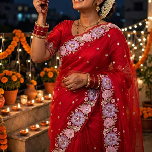 Sari en soie Bala douce brodé de fleurs multicolores avec blouse à sequins, tenue de fête moderne pour femme, séchage rapide - Product Image 1