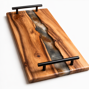Plateau en bois de qualité supérieure avec incrustation en résine verte et blanche et poignées métalliques, plateau de service en bois d'acacia très vendu, nouvelle arrivée - Product Image 4