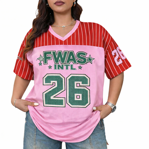 Camiseta de Fútbol Americano Rosa y Roja a Rayas, Estilo Urbano Oversize, Cuello en V, Corte Holgado, Transpirable, Poliéster, Estampado Gráfico - Product Image 3