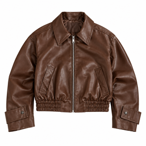 OEM Custom Logo Cropped Waterproof Blank Brown Zip up <b>Jacket</b> Boxy Fit Streetwear <b>Men</b> <b>Leather</b> <b>Jacket</b> - Product Image 1