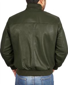 Blouson aviateur en cuir de vachette vert olive pour homme, col montant, fermeture éclair, style moto, coupe classique, pour l'automne - Product Image 3