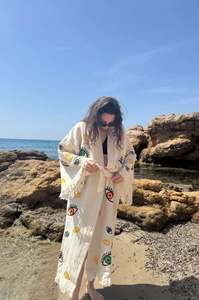 Túnica de Algodón Blanca con Bordado de Ojo Turco, Kaftán Largo de Playa con Diseño de Ojo Malvado para Mujer, Kimono Largo, Lo Mejor en Prendas de Vestir - Product Image 2