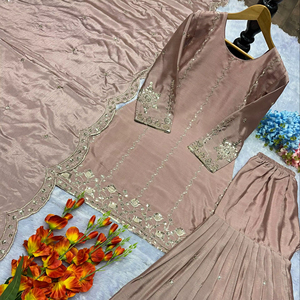 LAUNCH Colección tradicional pesada Hasta el suelo Salwar Kameez Ropa de fiesta Chinon Seda Bordado pesado Secado rápido Incluye top - Product Image 1