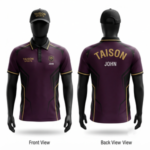 เสื้อสนุกเกอร์ชาย 180 GSM ผ้าโพลีเอสเตอร์อินเตอร์ล็อคคุณภาพพรีเมียม สีม่วง ดำ ทอง  แบบสั่งทำพิเศษด้วยเทคนิค Sublimation สำหรับทีมกีฬา - Product Image 1