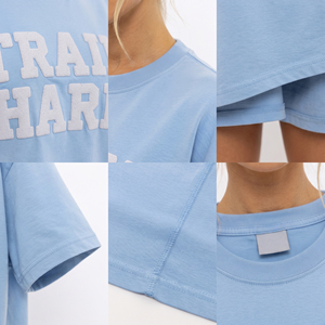 Camiseta de chenilla bordada estilo casual con hombros caídos y manga corta para mujer, camiseta holgada de yoga de algodón y poliéster para gimnasio - Product Image 6