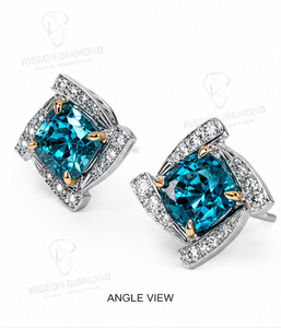 Lujosos pendientes de diamantes azules con montura geométrica de oro blanco de 18 quilates y engaste de oro amarillo, con diamantes redondos en forma de halo. - Product Image 2