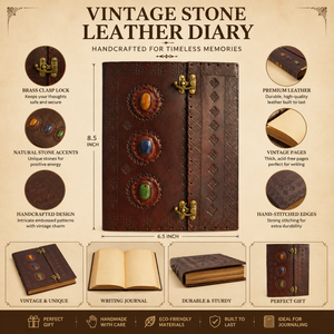 Journal en cuir vintage |   Carnet en cuir marron fait main avec couverture en pierres précieuses et fermoir en laiton, journal de voyage, cadeau pour hommes et femmes - Product Image 5