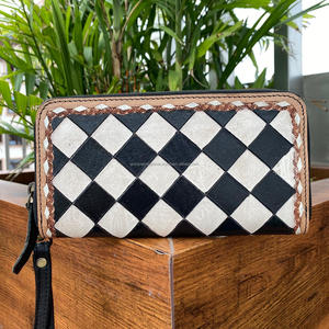 Cartera de mano de cuero genuino con estampado a cuadros para mujer, Cartera de mano de gran capacidad con tarjetero - Product Image 5