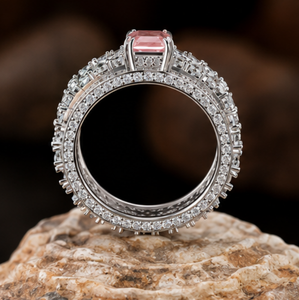 Emerald Cut Fancy Pink Lab Grown Diamond <b>Ring</b> ,Bridal <b>Ring</b> Set, Vintage Floral Engagement <b>Ring</b>, <b>Statement</b> <b>Ring</b> - Product Image 3