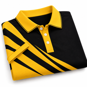Polo de Manga Corta para Hombre, Corte Ajustado, Color Negro con Rayas Diagonales Amarillas, Cuello Deportivo - Product Image 2