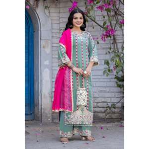 Conjuntos de traje de diseñador para mujer Beautiful Plazzo Top y Dupatta Elegant Designer Wear - Product Image 3