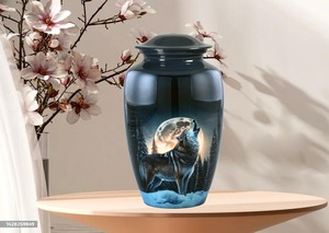 Urna Funeraria Grande de Aluminio Plateado para Mascotas con Lobo Ulugando y Luna Creciente Grabados, Urna Conmemorativa con Tapa - Product Image 2