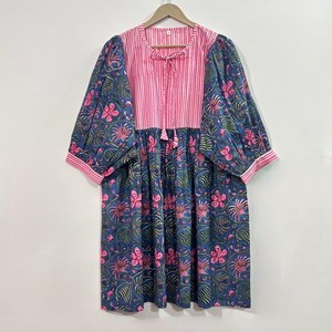 Vestido Casual Midi para Mujer, Tejido 100% Algodón, Estampado Floral Liso, Manga Corta, Cintura Imperio, Estilo Babydoll, Oversize, Cuello en V, Holgado - Product Image 1