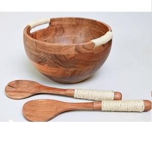 Tazón de Ensalada de Madera de Acacia Hecho a Mano y Personalizado, Tazones de Madera Natural con Asa de Cuerda para Servir, Mezclar Ensaladas, Sopas y Frutas - Product Image 1