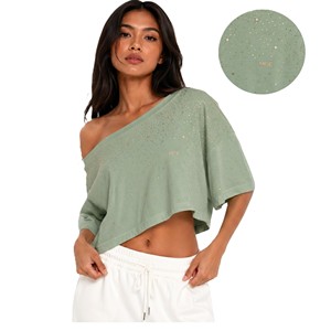 Chemisier court vert sauge à imprimé étoiles pailletées, coupe décontractée, 90 % coton, 10 % élasthanne, pour femme - Product Image 1