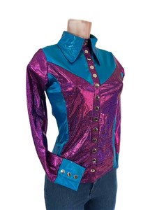 Camisa Brillante de Cintura Alta Estilo Western para Mujeres y Niñas, Color Rosa Metálico y Verde Azulado, Ligera, Transpirable, con Cierre de Botones - Product Image 2
