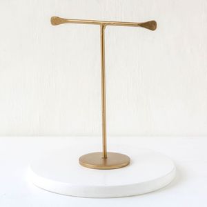 Minimalist Brass T-Bar Necklace Stand With White Marble Base Round Design For Indoor Bedroom Use Durable Home Decor - Product Image 1