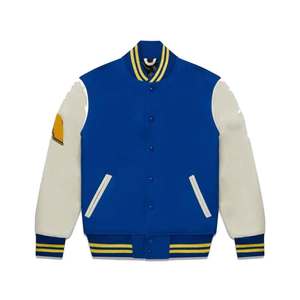Men's Blue Varsity <b>Jacket</b> With Cream Sleeves <b>Patch</b> Design Style Regular Fit Collar Single Breasted - Product Image 1