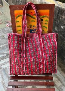 Bohemian Block Print Cotton Quilted Shoulder Bag Inner Pockets Durable Reusable Tote for Daily Life Work College - Product Image 6