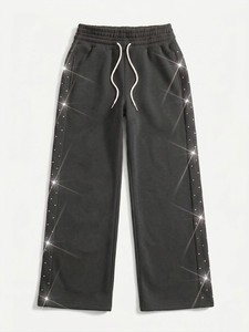 Pantalon de survêtement noir de luxe pour femme, coupe droite et large, en molleton doux et de qualité supérieure, décontracté, coupe ample, style streetwear moderne - Product Image 4