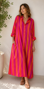 Custom Striped Printed Pure Cotton <b>Kaftan</b> Dress Women <b>Summer</b> Casual Boho Maxi Dress Long Sleeve Beach Wear Loose Fit Gown - Product Image 4