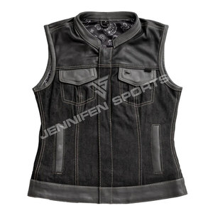 Gilet en cuir et denim pour femme, automne/hiver, style motard, court, épais, petite taille, tendance, avec doublure intérieure en bandana - Product Image 1
