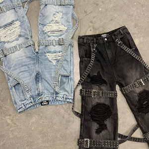 Punk Style Distressed Flare <b>Jeans</b> <b>With</b> Rivet Straps High <b>Waist</b> Loose Fit Full Length Women's Pants Spring Casual Wear - Product Image 6