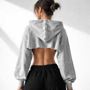 Women's <b>Black</b> Cropped Hooded Sweatshirt Regular Sleeve Loose Fit Solid Color Drawstring Waistband Terry 100% Cotton Summer - Product Image 4