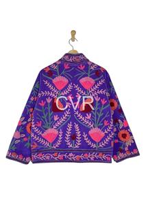 Manteau en velours pour femmes grandes tailles, col mandarin, manches longues, motif floral brodé à la main, style bohème, vêtements d'extérieur pour l'automne - Product Image 1