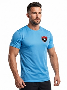 Camiseta Casual de Manga Corta con Cuello Redondo para Hombre, Color Azul Claro, con Logotipo, Secado Rápido, Corte Regular, 100% Poliéster, Tejido de Punto Jersey - Product Image 3