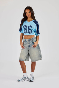 <b>Top</b> Selling Custom Logo Light Blue Varsity T-Shirt With Navy Sleeve Panelling Midweight <b>Mesh</b> Fabric V-Neck T Shirts For <b>Women</b> - Product Image 5