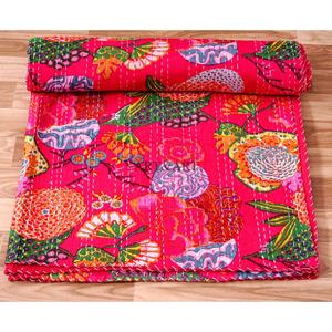 Couvre-lit Kantha indien fait main, 100% coton, imprimé à la main, motif floral, poids du tissu 220g, origine Rajasthan - Product Image 4
