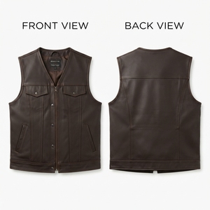 Chaleco de Invierno para Hombre de Cuero Vacuno Grueso, Cuello en V, 850 GSM, Color Marrón Bronceado, Estructurado, Multipanel, con Logotipo Personalizado Grabado con Láser y Bolsillos - Product Image 1