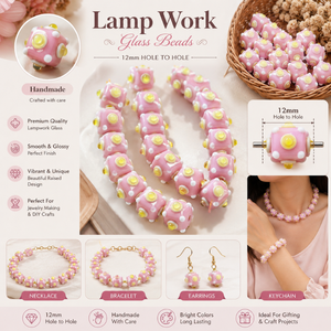 Perles en verre soufflé rose premium 12 mm, perles cubiques bombées artisanales avec motif floral en relief pour bijoux et artisanat faits main - Product Image 4